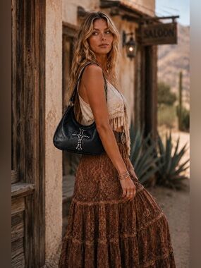 Raviani Black Leather Swarovski Crystal & Rivets Shoulder Bag